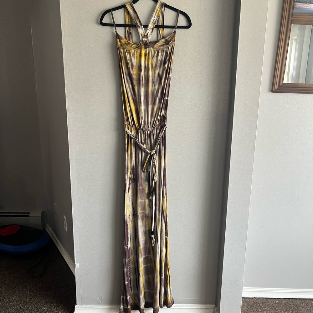 Metropark Yellow and Brown Tie-Dye Maxi Strapless Dress With Halter Neck